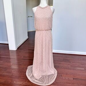 Adrianna Papell Nude Beige High Neck Beaded Embellished Unique Gown Dress Size 8